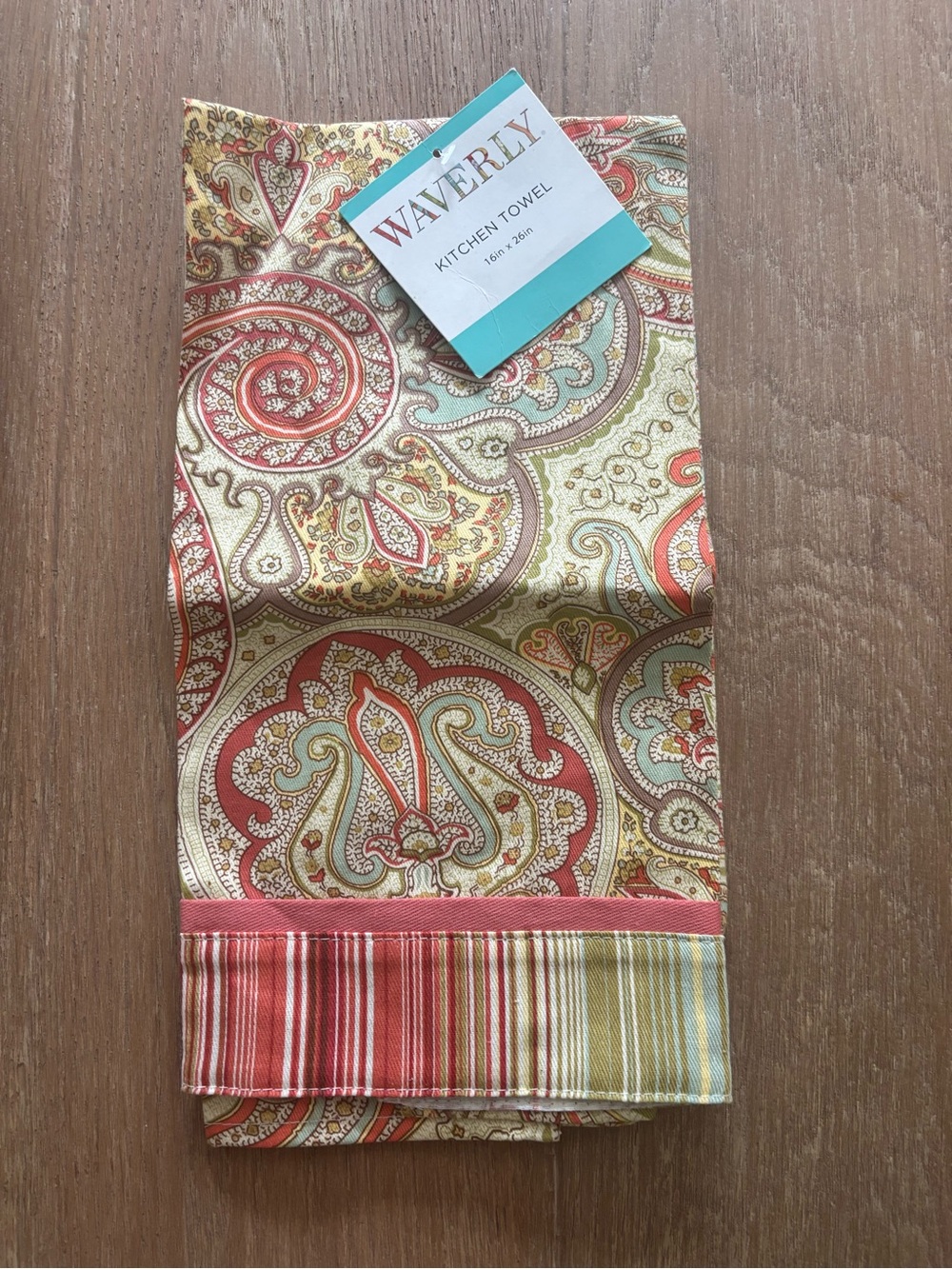 Waverly Paisley Stripe Kitchen Towel in Coral, Sage & Gold